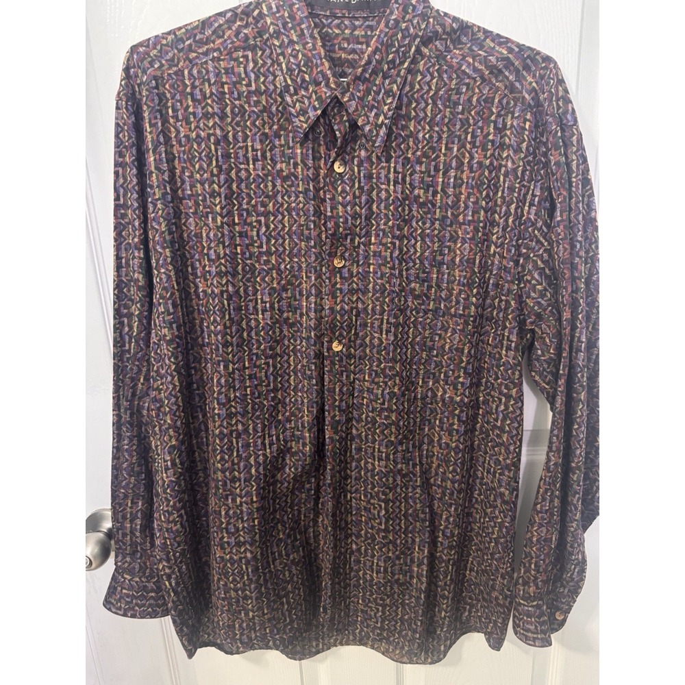 Jhane Barnes Men's M Cotton Button Up Shirt Multicolor Geometric Zigzag Print